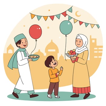 a picture of a family with a boy and a boy holding balloons. vector
