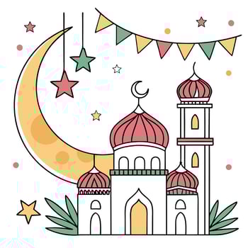 a drawing of a mosque with a moon and flags. vector
