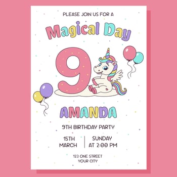 Unicorn invitation. Birthday party invitation card with unicorn and birthday anniversary number. vector