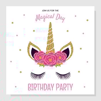 Unicorn birthday party invitation, greeting card. Invitation with unicorn elements and roses. vector
