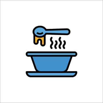 A blue and white icon of a bowl of soup vector