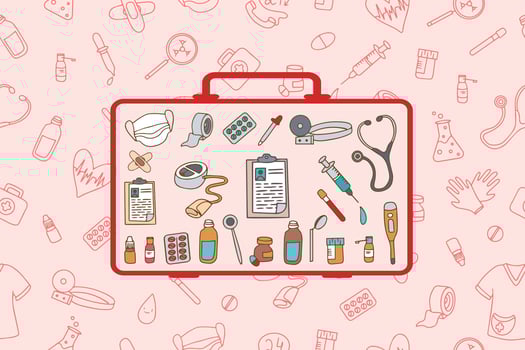 Hand drawn medical illustrations. Healthcare, pharmacy, medical icons collection in doodle style. Medical background for your design and website. vector