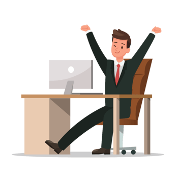 businessman sitting at his desk with his arms up png