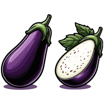 Fresh Whole and Halved Eggplants with Green Stems and Vibrant Purple Skin Illustration vector