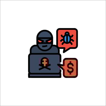 A man in a mask is holding a laptop and a dollar sign vector