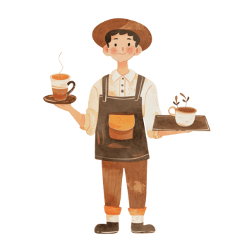 Watercolor cute barista man wearing brown apron and vintage hat holding a hot coffee cup and little plant in pot. Cartoon clip art element illustration png
