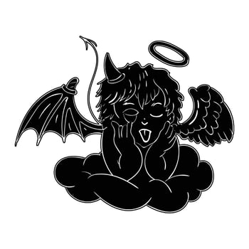 a black and white drawing of a devil with wings and halo vector