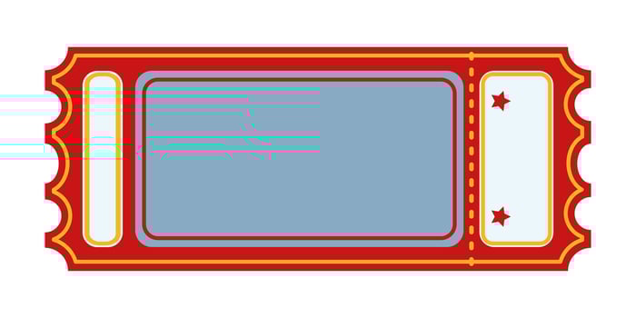 Colorful Circus Ticket Graphic. Red and yellow rectangular retro ticket template with blank space and perforated edges. Event admission concept for circus, carnival, theater, cinema, casino, club. vector