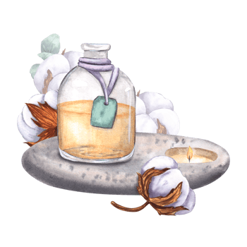 Glass bottle with oil and stone candle, Eucalyptus and cotton. Watercolor painted isolated composition, illustration on background. For design, logos, decor, menu, printing png