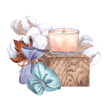 Candle in a glass on a wooden stand, sachets and cotton. Watercolor isolated composition, illustration on the background. For design, logos, decor, menu, printing png