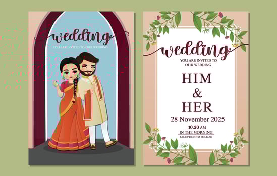 Cute hindu couple in traditional indian dress cartoon character.wedding invitation card vector