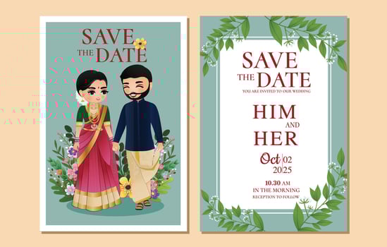 Indian wedding invitation card cute Hindu couple cartoon character in Front and Back View vector