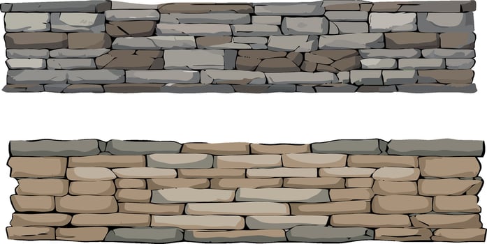 Two horizontal stone walls showing different types of stone and bricklaying techniques isolated on white vector