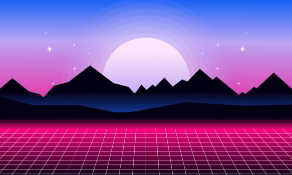 Vaporwave Landscape Illustration. Retro Landscape Skyline with Neon Light Grid Sun and Mountain Sci-Fi Futuristic Concept for Background and Wallpaper vector