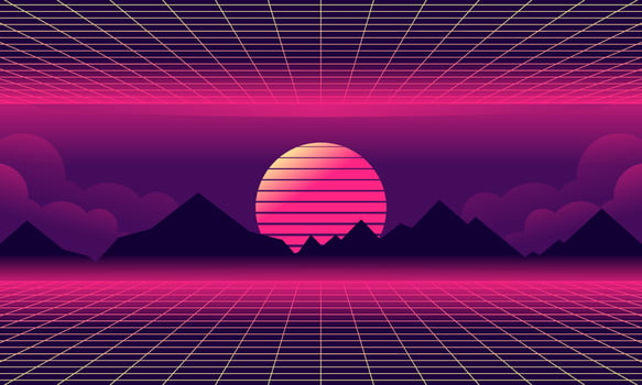 Vaporwave Landscape Illustration. Retro Landscape Skyline with Neon Light Grid Sun and Mountain Sci-Fi Futuristic Concept for Background and Wallpaper vector