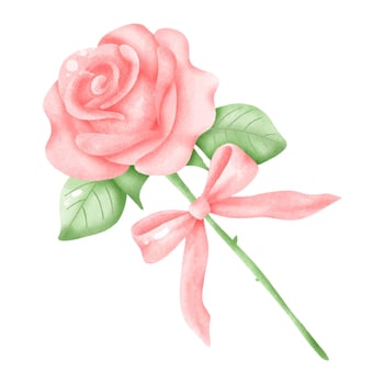 Watercolor Pink Rose with Ribbon Bow and Green Leaves vector