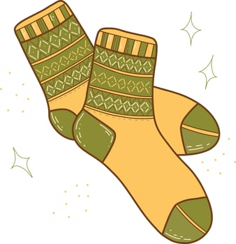 Hand drawn illustration of warm socks. Knitted wool clothing. Outlines of elements of winter clothing. Green patterned sock vector