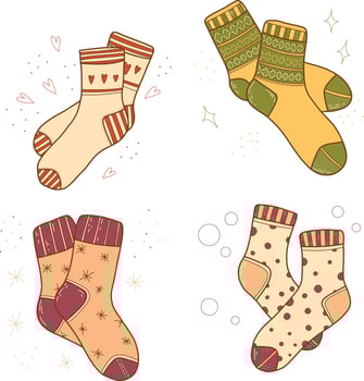 Set of hand drawn illustrations of warm socks. Knitted wool clothing. vector