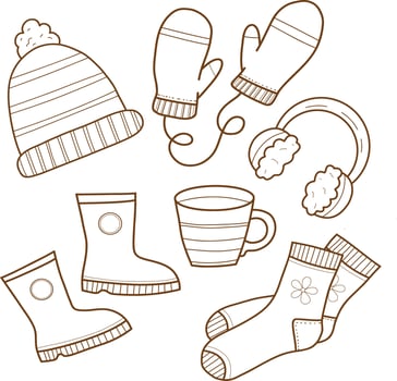 Set of color icons of warm clothes. Warm clothes, socks, hat, mittens, boots. Comfortable lifestyle. vector