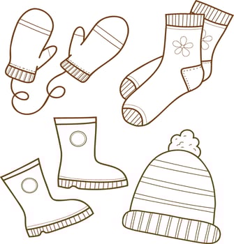 Set of color icons of warm clothes. Warm clothes, socks, hat, mittens, boots. Line drawing, graphics Comfortable lifestyle. vector