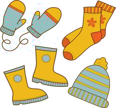 Set of color icons of winter clothes. Ilustration. Traditional winter symbols. warm clothes, socks, hat, mittens, boots. Comfortable lifestyle vector