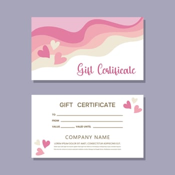 Gift certificate template with hearts on pastel background. vector