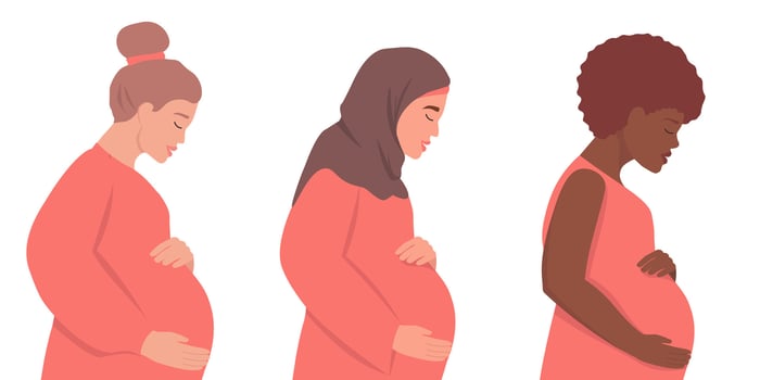 Different pregnant women in profile. The expectant mother in a hijab, with dark skin. vector