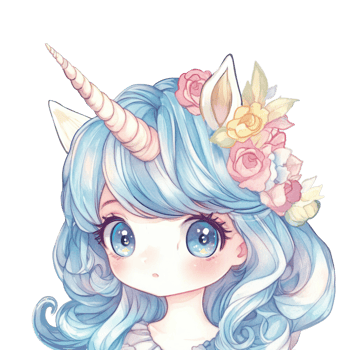 Anime face chibi unicorn girl with blue hair and horn png