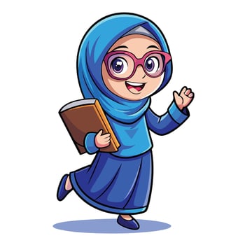 muslim girl cartoon character with glasses and hijab vector