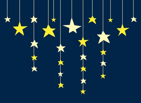 Hand drawn stars garland in contrast colors. Doodle sky background with yellos stars on navy blue vector