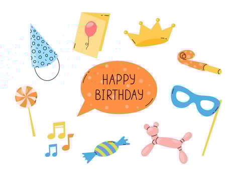 Happy Birthday elements set, greeting card. Funny flat colorful hand drawn kid bday design objects isolated vector