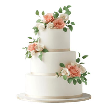 Elegant three-tier wedding cake decorated with flowers png
