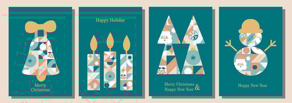 Abstract modern geometric flat style icons. four christmas cards with geometric shapes and snowmen vector