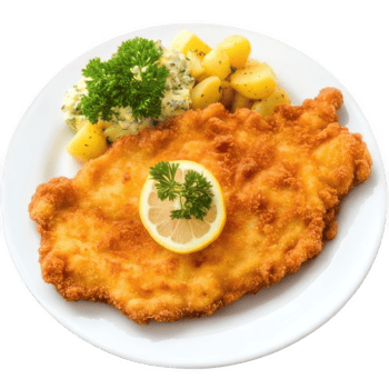 Schnitzel with potato salad and parsley on white plate png