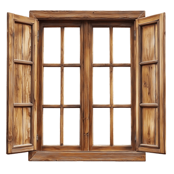 Vintage Wooden Window with Open Shutters png