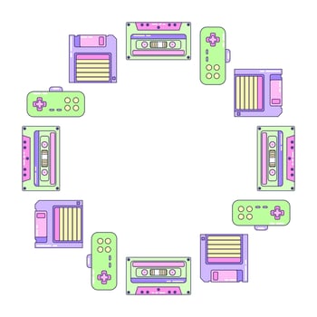 Round Frame Game and Music. Multicolored elements on white background. Retro illustration with outline in 90s style. Isolated illustration. vector