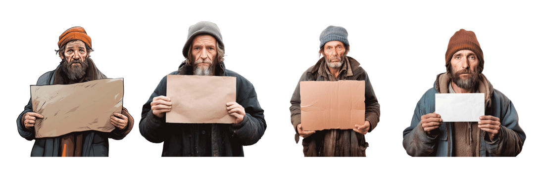 A series of portraits showing a man holding signs outdoors png