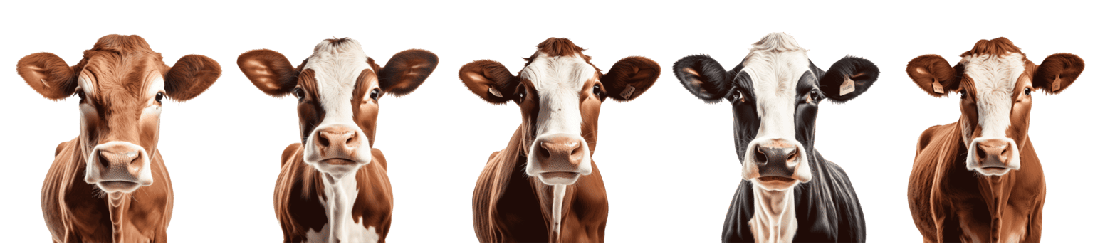 A group of cows in various colors isolated on a transparent background png