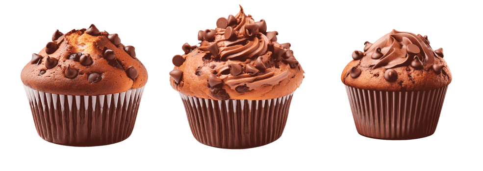Three delicious chocolate cupcakes with frosting on a white background png