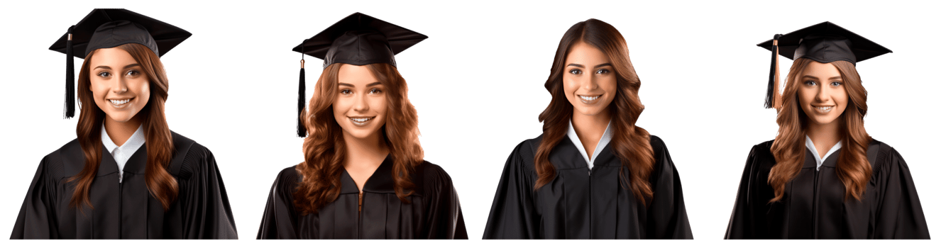 Four smiling graduates in caps and gowns celebrating their achievement png