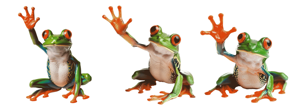 Three playful frogs waving their hands in a cheerful manner png