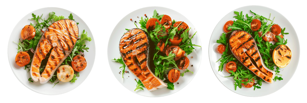 Three plates of grilled salmon with vegetables and herbs on a white background png