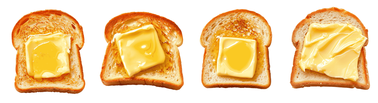 Different stages of butter spread on toasted bread slices png