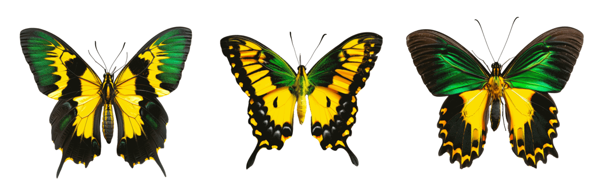 Three vibrant butterflies showcasing yellow and green colors on transparent background png