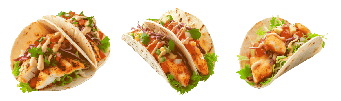 Three delicious tacos filled with chicken and fresh ingredients on a transparent background png