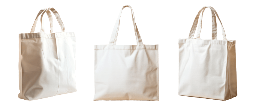 Three white canvas tote bags displayed from different angles png