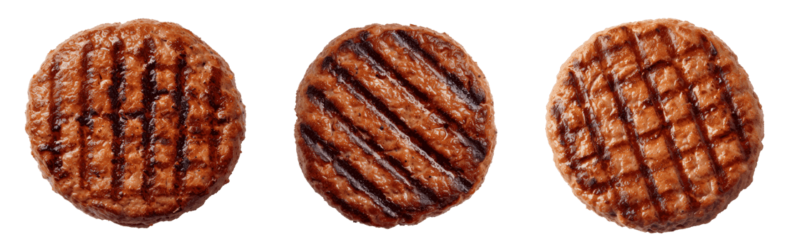 Three grilled burger patties isolated on a transparent background png