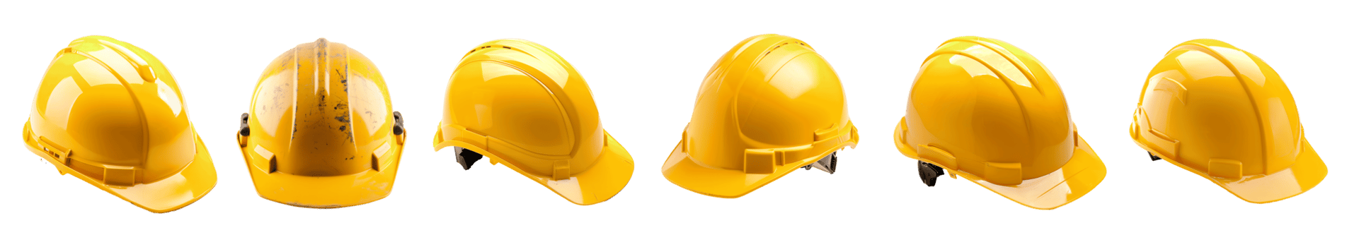 A series of yellow hard hats arranged in a row on a transparent background png