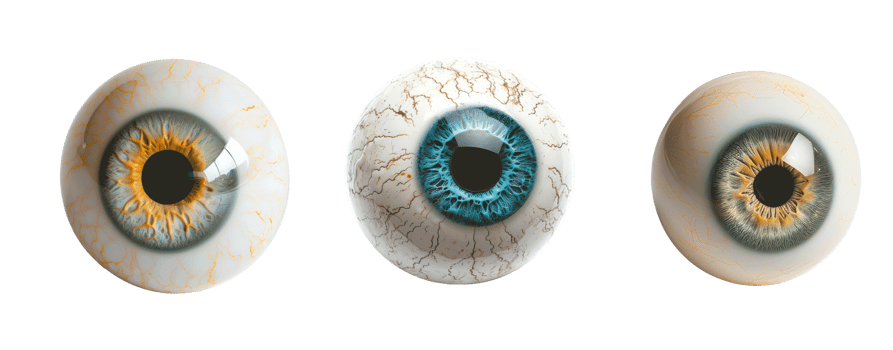 Three realistic human eyes with different colors and details on transparent background png