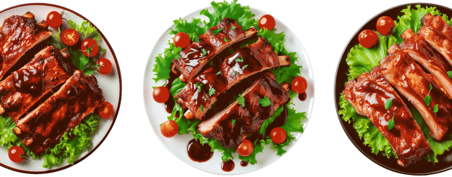 Assorted barbecue ribs served with salad and tomatoes on plates png